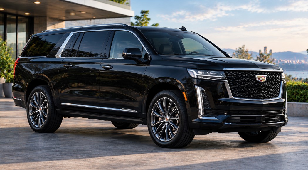 Black luxury business SUV such as Cadillac Escalade ESV or Chevrolet Suburban